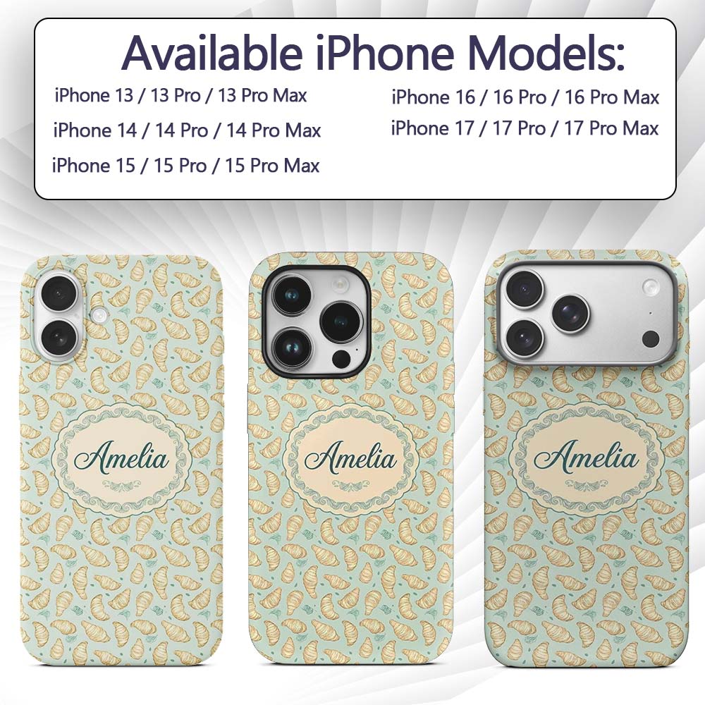 Minimal Line Art Croissant Pattern Soft Green Custom Name Protective Phone Case Mobile Cover Durable Everyday Smartphone Shock Resistant