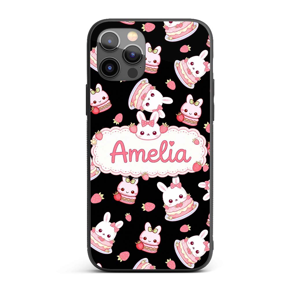Cute Strawberry Bunny Macaron Dessert Kawaii Custom Name Protective Phone Case Mobile Cover Durable Everyday Smartphone Shock Resistant