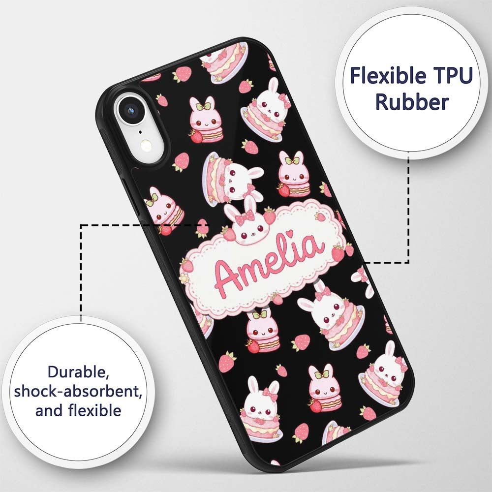 Cute Strawberry Bunny Macaron Dessert Kawaii Custom Name Protective Phone Case Mobile Cover Durable Everyday Smartphone Shock Resistant