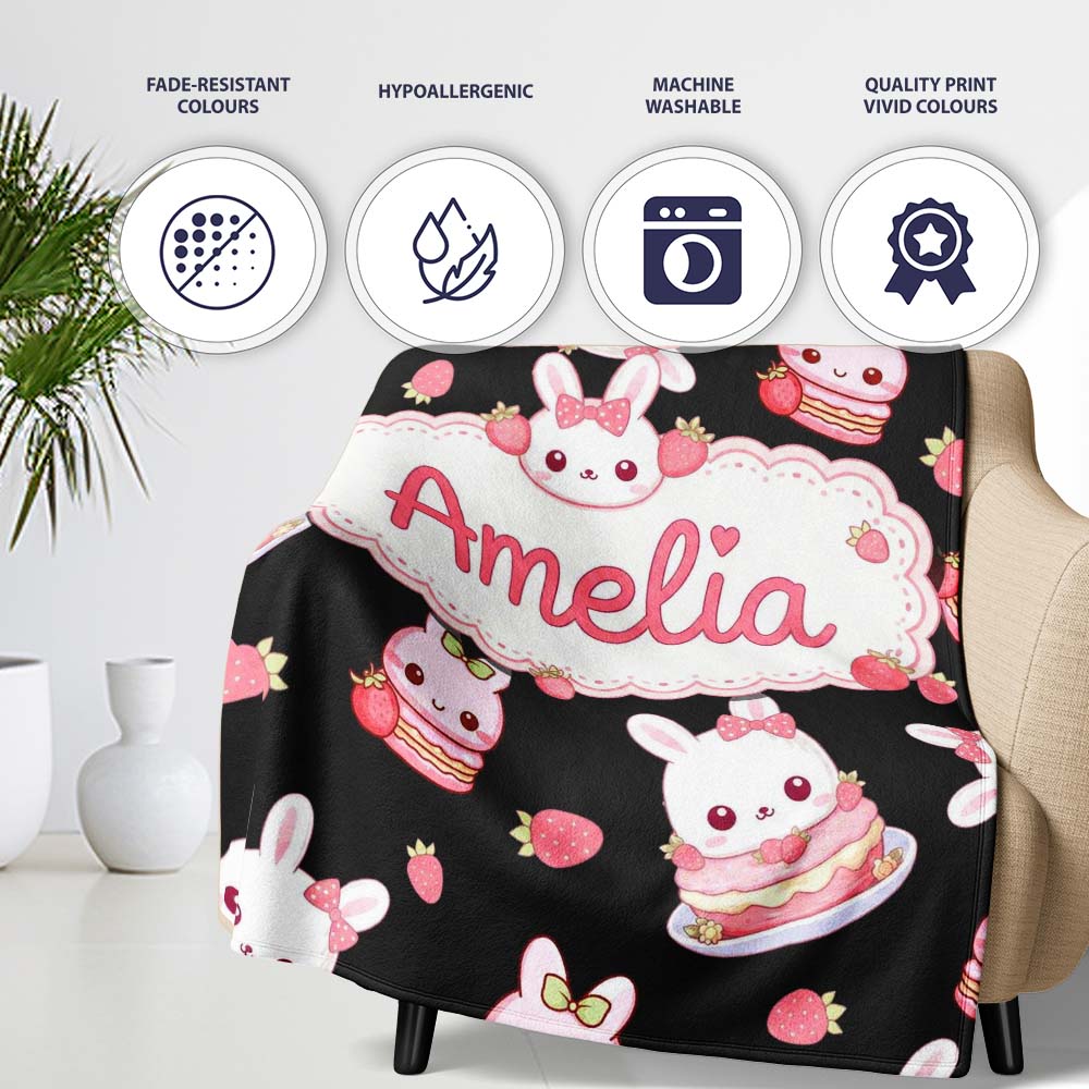 Cute Strawberry Bunny Macaron Dessert Kawaii Black Background Personalised Custom Name Super Soft Fleece Blanket Bed Sofa Throw