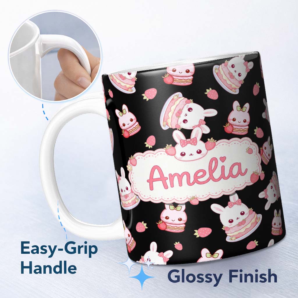 Personalized Custom Name Cute Strawberry Bunny Macaron Dessert Kawaii Black Background 11oz Ceramic Coffee Tea Mug White Large Handle