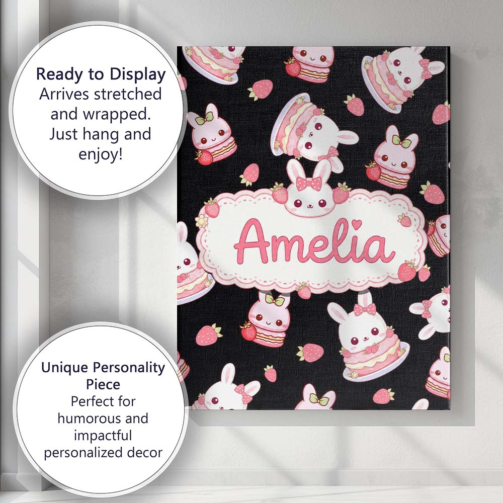 Personalised Name Cute Strawberry Bunny Custom Modern Room Accent Elegant Feature Canvas Wall Art Print Decor Picture Ready to Hang