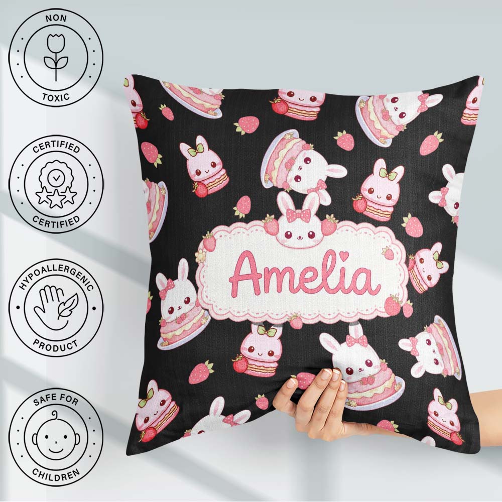 Custom Name Cute Strawberry Bunny Macaron Dessert Kawaii Black Square Filled Cushion Throw Pillow Sofa Bed Home Decor Zip Washable UK Made
