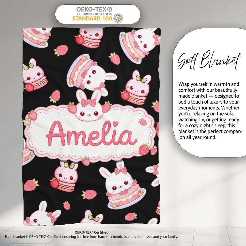 Cute Strawberry Bunny Macaron Dessert Kawaii Black Background Personalised Custom Name Super Soft Fleece Blanket Bed Sofa Throw