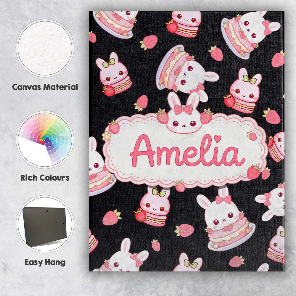 Personalised Name Cute Strawberry Bunny Custom Modern Room Accent Elegant Feature Canvas Wall Art Print Decor Picture Ready to Hang