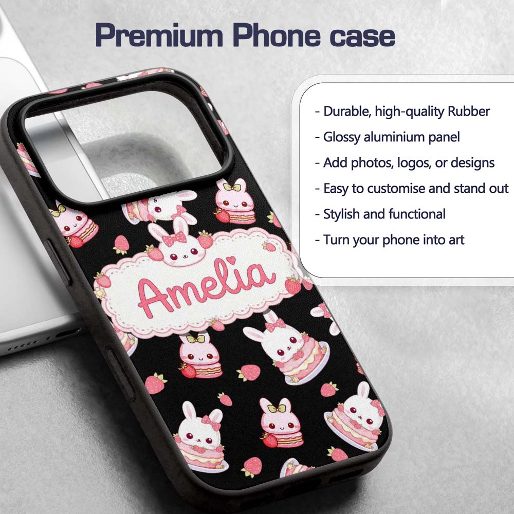 Cute Strawberry Bunny Macaron Dessert Kawaii Custom Name Protective Phone Case Mobile Cover Durable Everyday Smartphone Shock Resistant