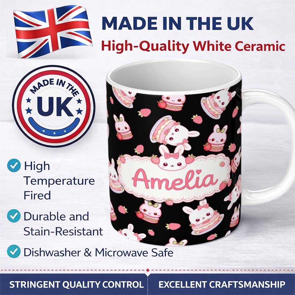 Personalized Custom Name Cute Strawberry Bunny Macaron Dessert Kawaii Black Background 11oz Ceramic Coffee Tea Mug White Large Handle
