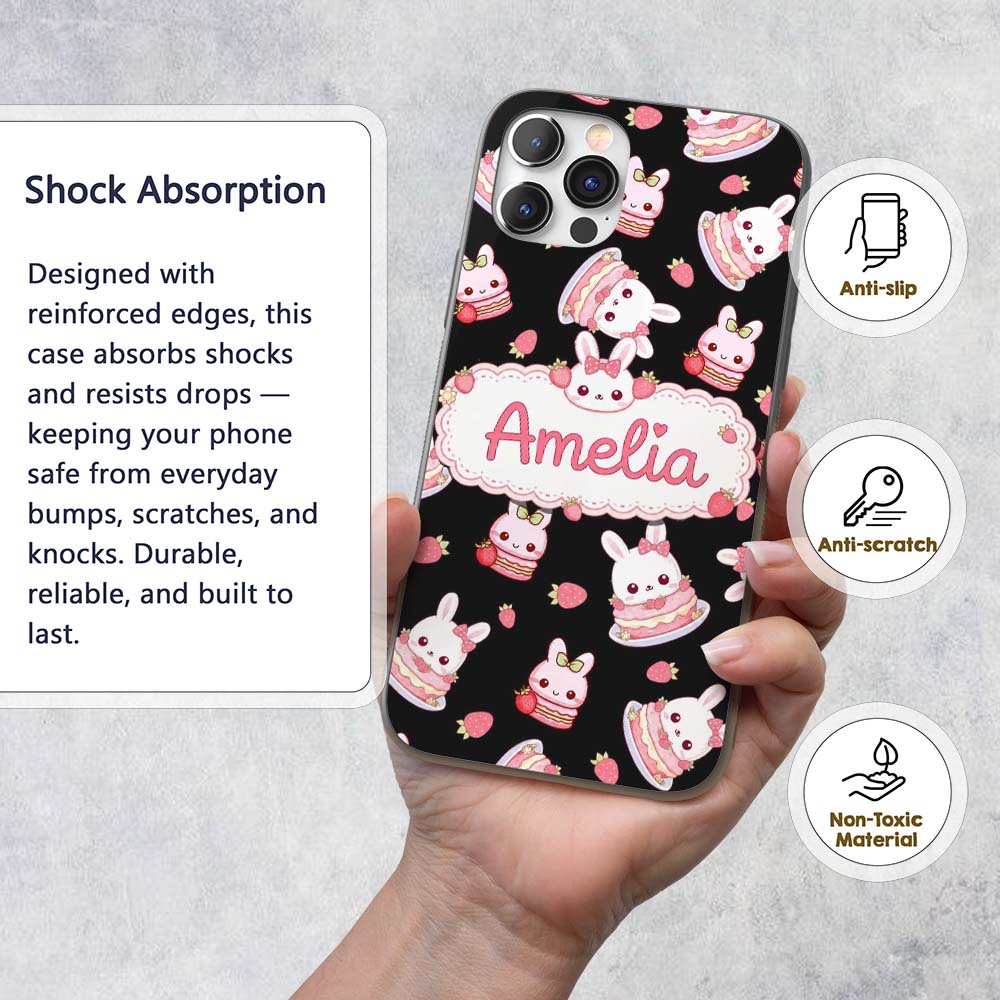 Cute Strawberry Bunny Macaron Dessert Kawaii Custom Name Protective Phone Case Mobile Cover Durable Everyday Smartphone Shock Resistant