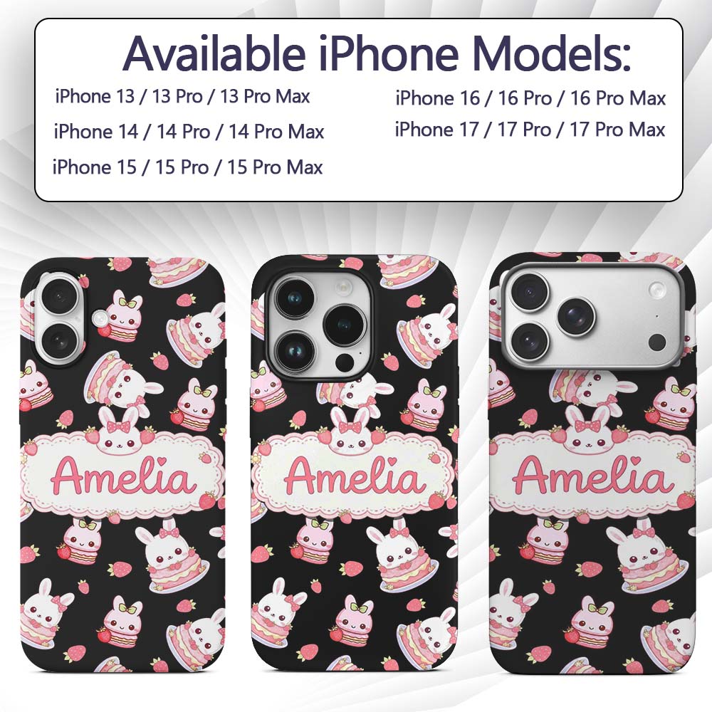 Cute Strawberry Bunny Macaron Dessert Kawaii Custom Name Protective Phone Case Mobile Cover Durable Everyday Smartphone Shock Resistant