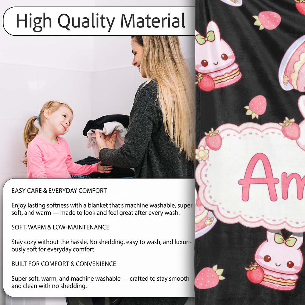 Cute Strawberry Bunny Macaron Dessert Kawaii Black Background Personalised Custom Name Super Soft Fleece Blanket Bed Sofa Throw
