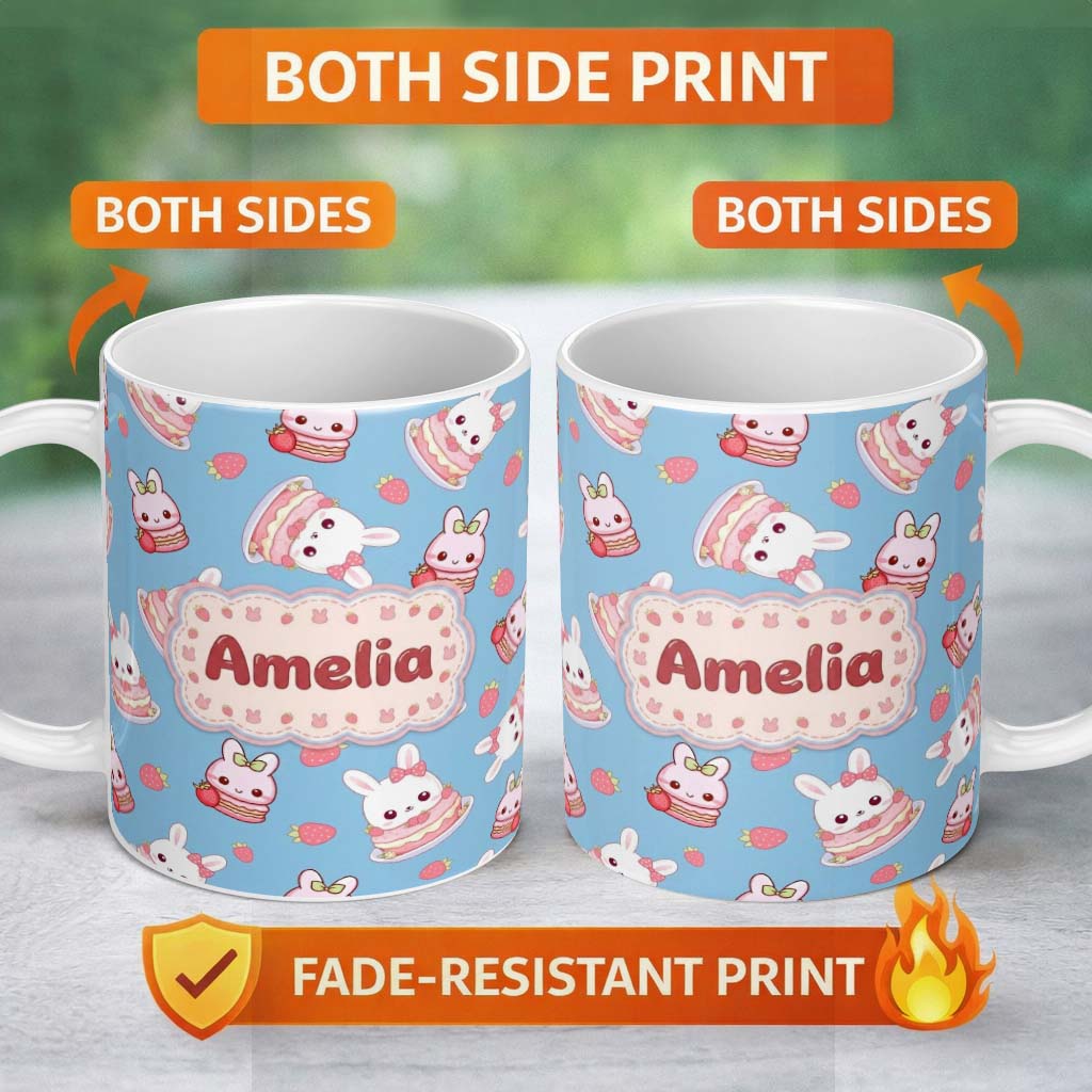 Personalized Custom Name Cute Strawberry Bunny Macaron Dessert Kawaii Blue Background 11oz Ceramic Coffee Tea Mug White Large Handle