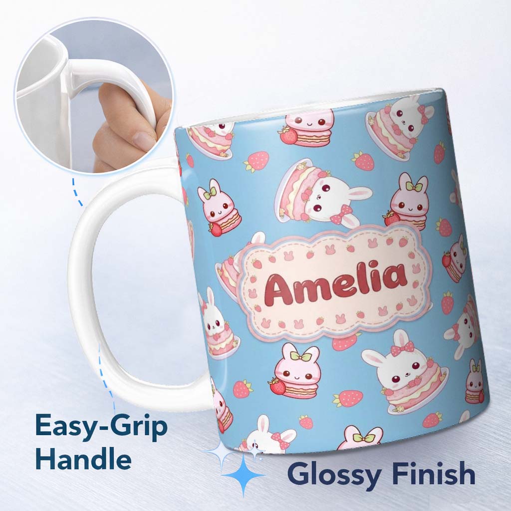 Personalized Custom Name Cute Strawberry Bunny Macaron Dessert Kawaii Blue Background 11oz Ceramic Coffee Tea Mug White Large Handle