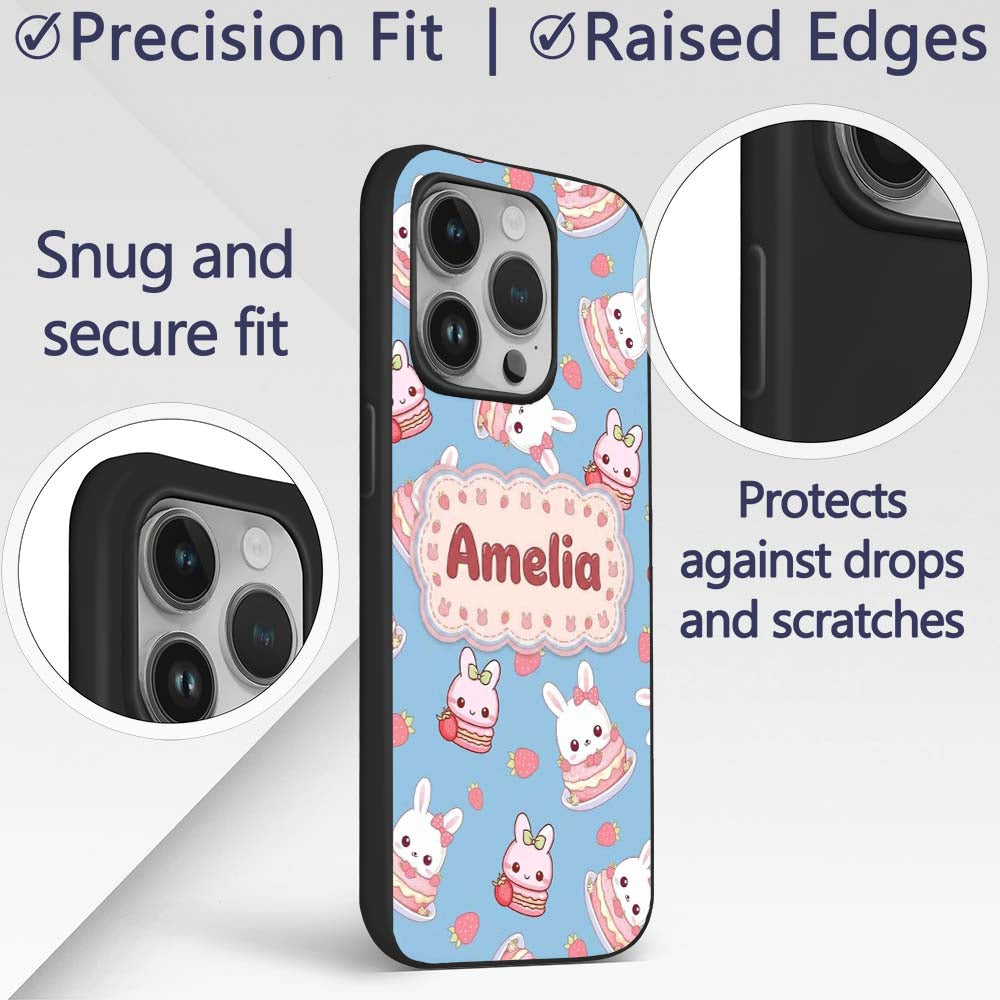 Cute Strawberry Bunny Macaron Dessert Kawaii Blue Custom Name Protective Phone Case Mobile Cover Durable Everyday Smartphone Shock Resistant
