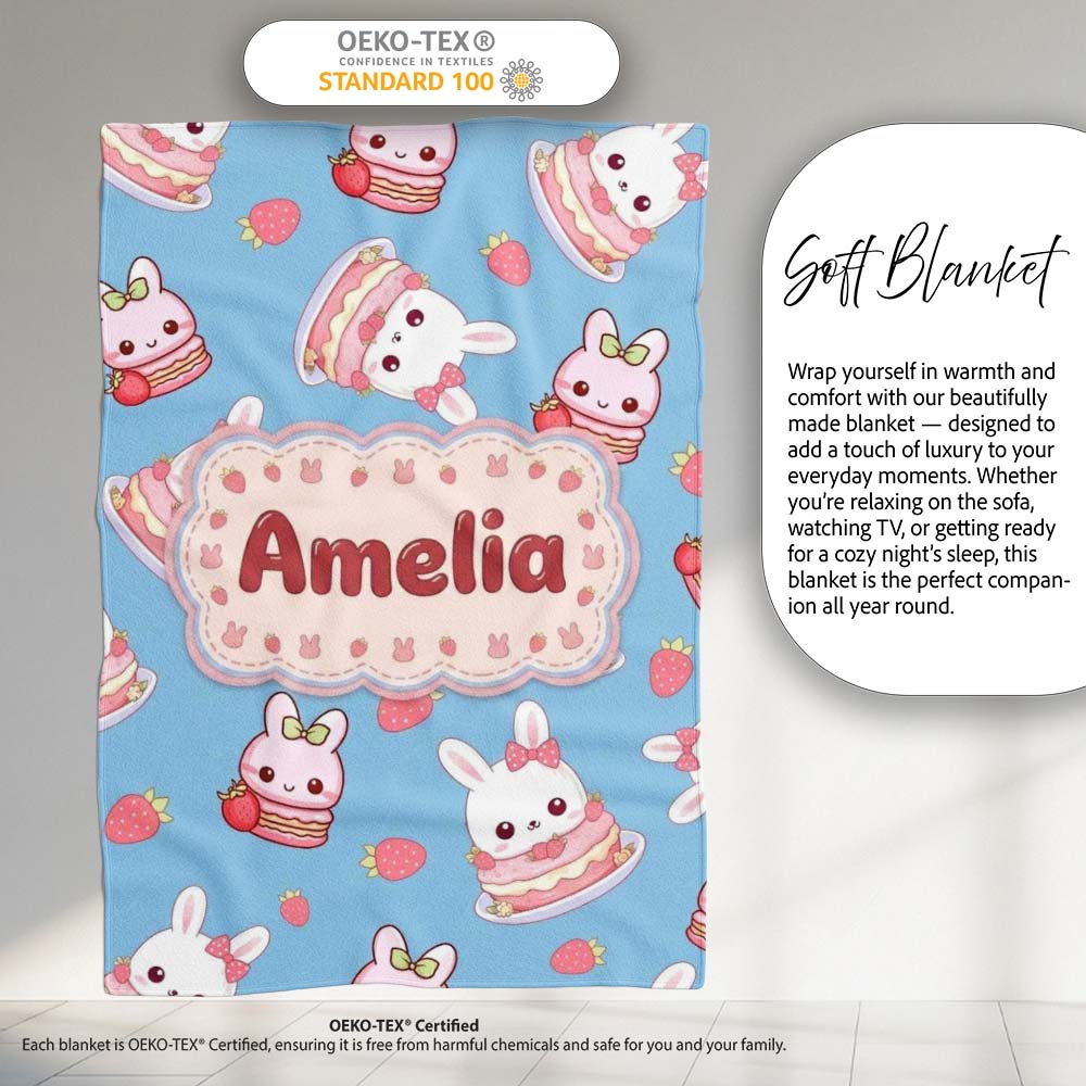 Cute Strawberry Bunny Macaron Dessert Kawaii Blue Background Personalised Custom Name Super Soft Fleece Blanket Bed Sofa Throw