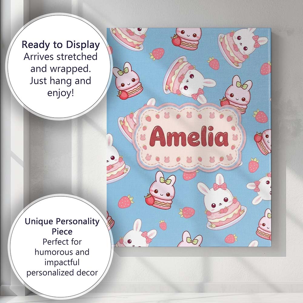 Personalised Name Cute Strawberry Bunny Custom Modern Room Accent Elegant Feature Canvas Wall Art Print Decor Picture Ready to Hang