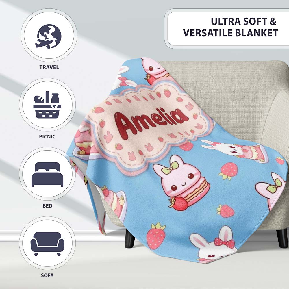 Cute Strawberry Bunny Macaron Dessert Kawaii Blue Background Personalised Custom Name Super Soft Fleece Blanket Bed Sofa Throw