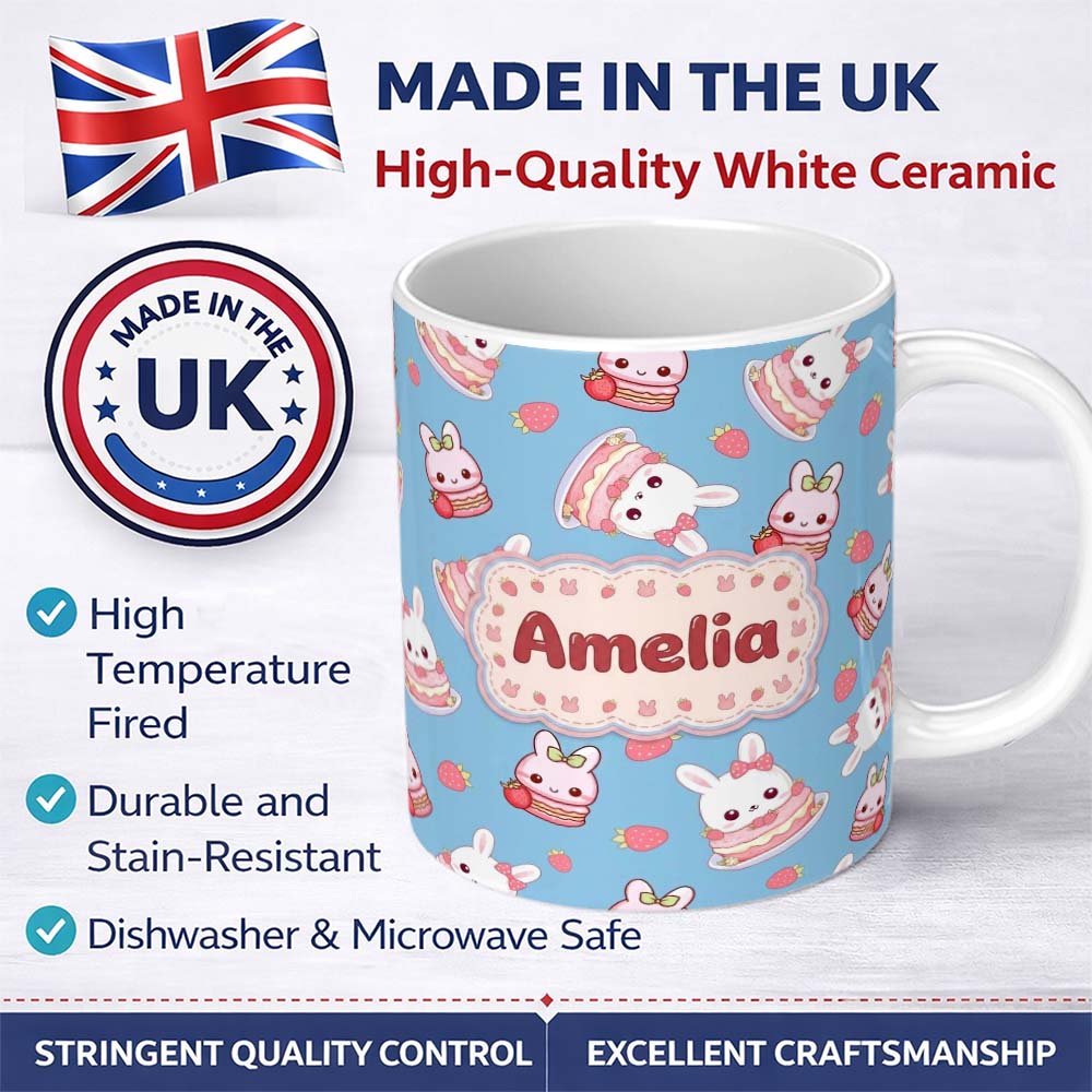 Personalized Custom Name Cute Strawberry Bunny Macaron Dessert Kawaii Blue Background 11oz Ceramic Coffee Tea Mug White Large Handle