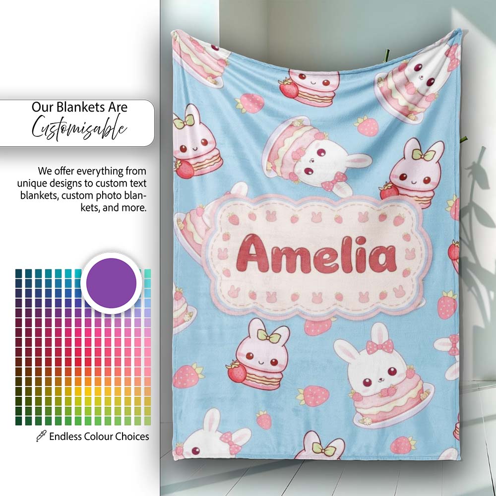 Cute Strawberry Bunny Macaron Dessert Kawaii Blue Background Personalised Custom Name Super Soft Fleece Blanket Bed Sofa Throw