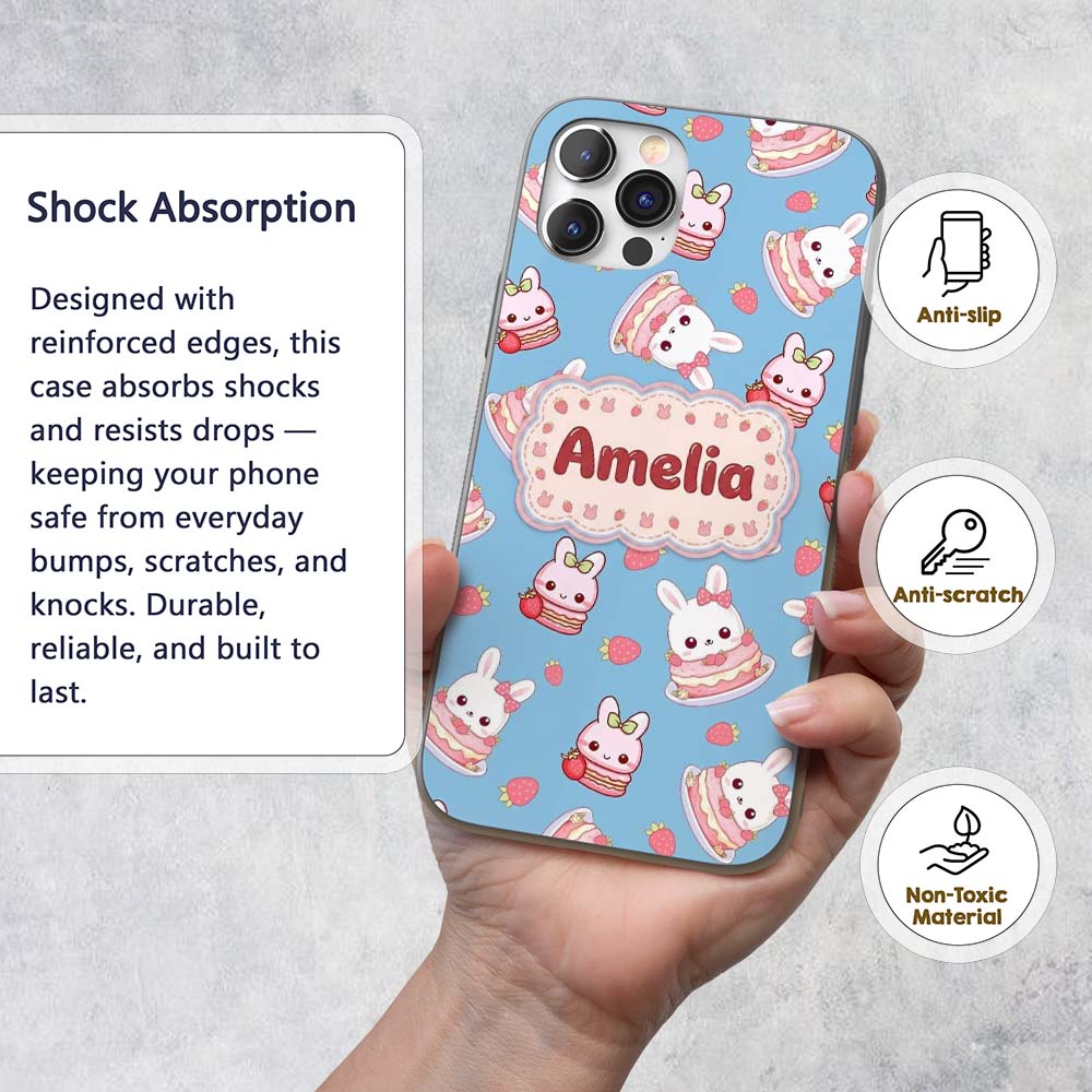 Cute Strawberry Bunny Macaron Dessert Kawaii Blue Custom Name Protective Phone Case Mobile Cover Durable Everyday Smartphone Shock Resistant
