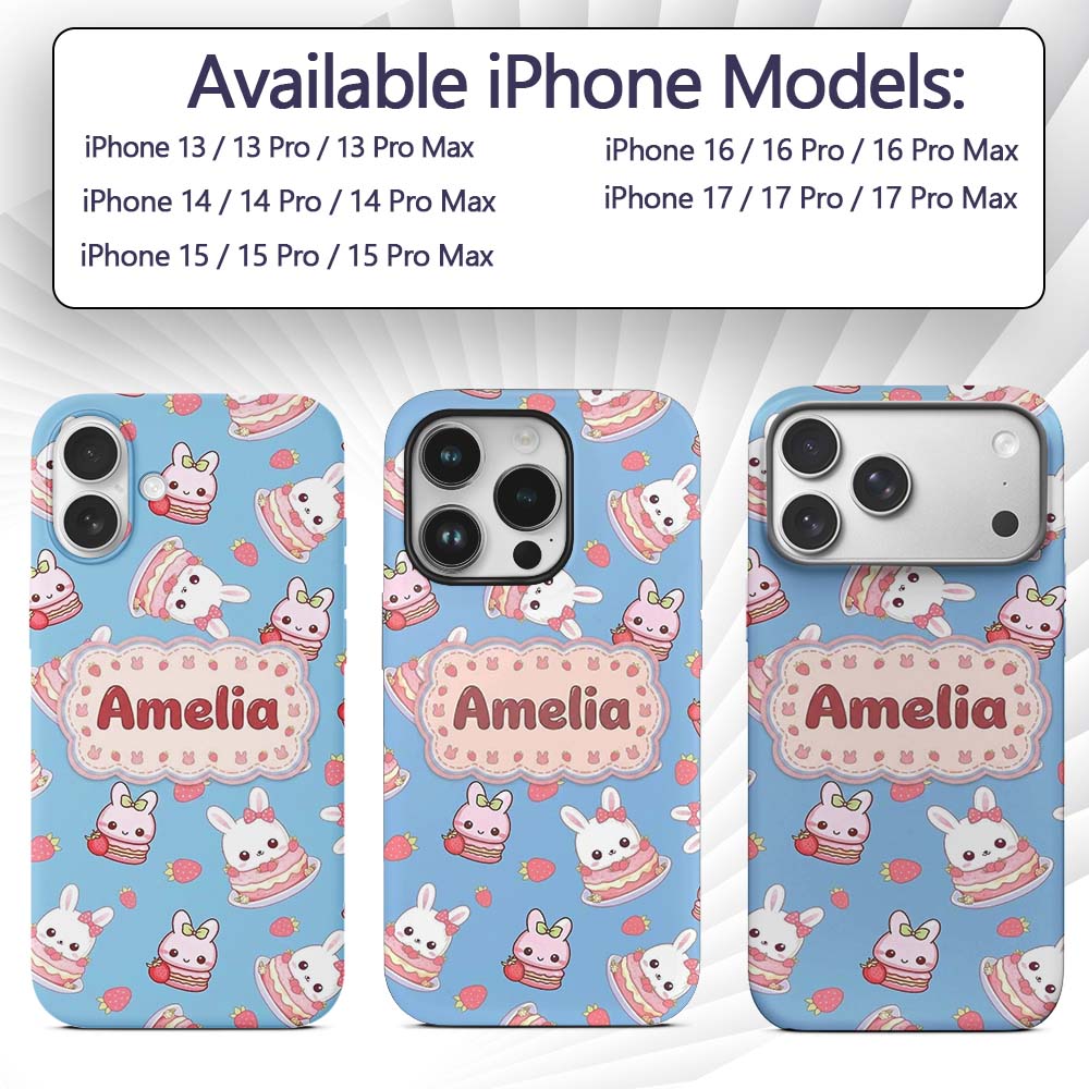 Cute Strawberry Bunny Macaron Dessert Kawaii Blue Custom Name Protective Phone Case Mobile Cover Durable Everyday Smartphone Shock Resistant