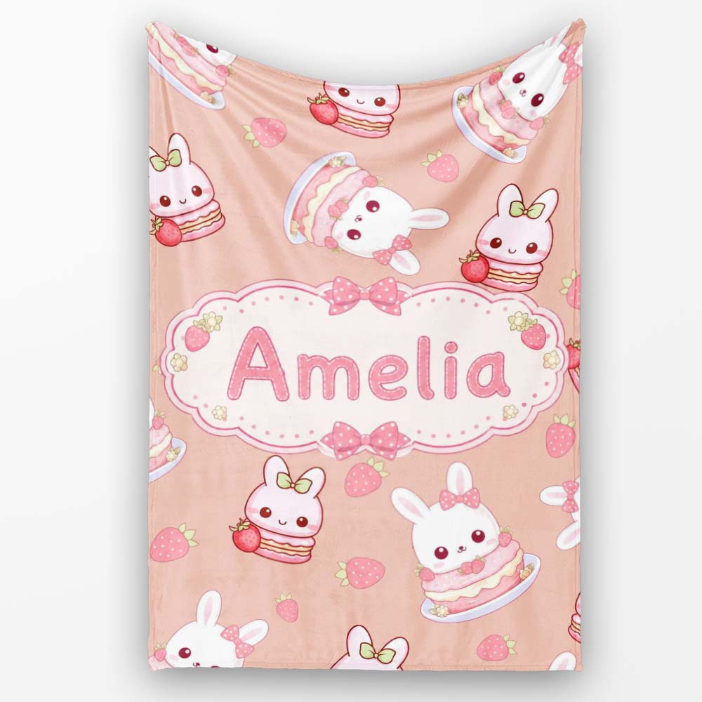 Cute Strawberry Bunny Macaron Dessert Kawaii Peach Background Personalised Custom Name Super Soft Fleece Blanket Bed Sofa Throw
