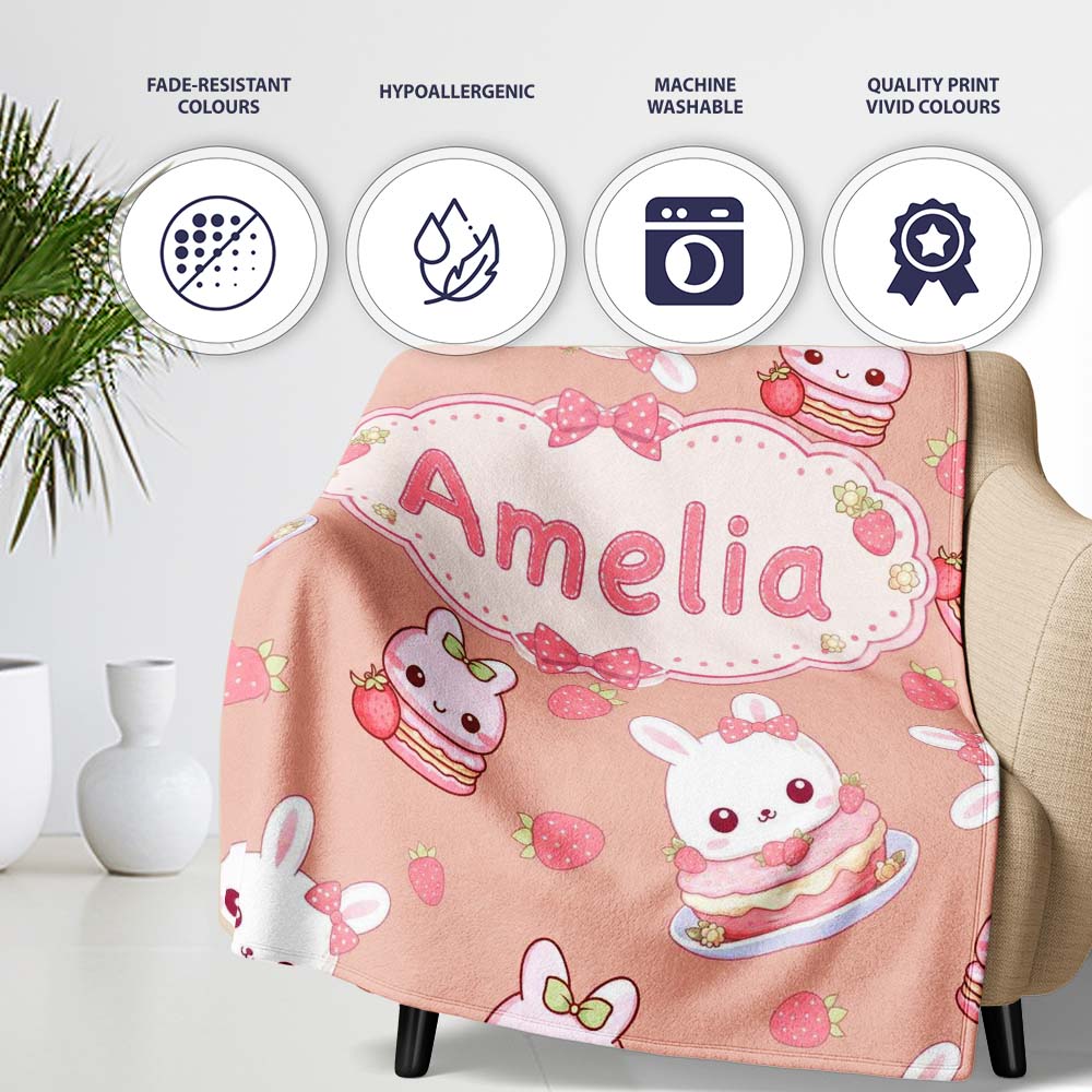 Cute Strawberry Bunny Macaron Dessert Kawaii Peach Background Personalised Custom Name Super Soft Fleece Blanket Bed Sofa Throw
