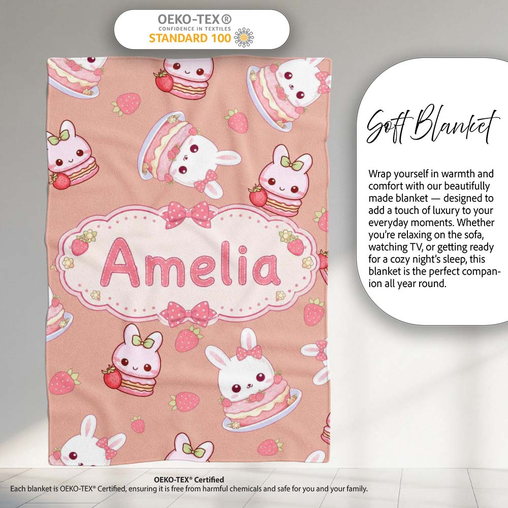 Cute Strawberry Bunny Macaron Dessert Kawaii Peach Background Personalised Custom Name Super Soft Fleece Blanket Bed Sofa Throw