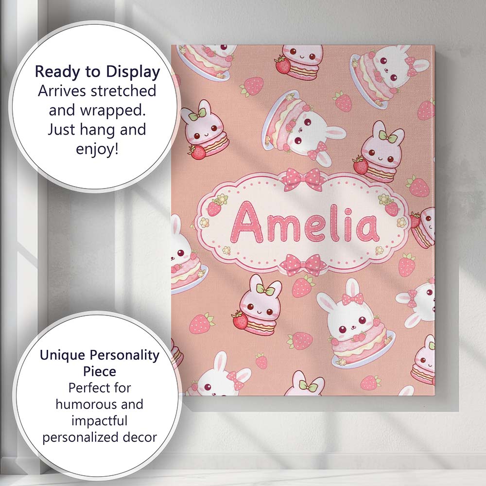 Personalised Name Cute Strawberry Bunny Custom Modern Room Accent Elegant Feature Canvas Wall Art Print Decor Picture Ready to Hang