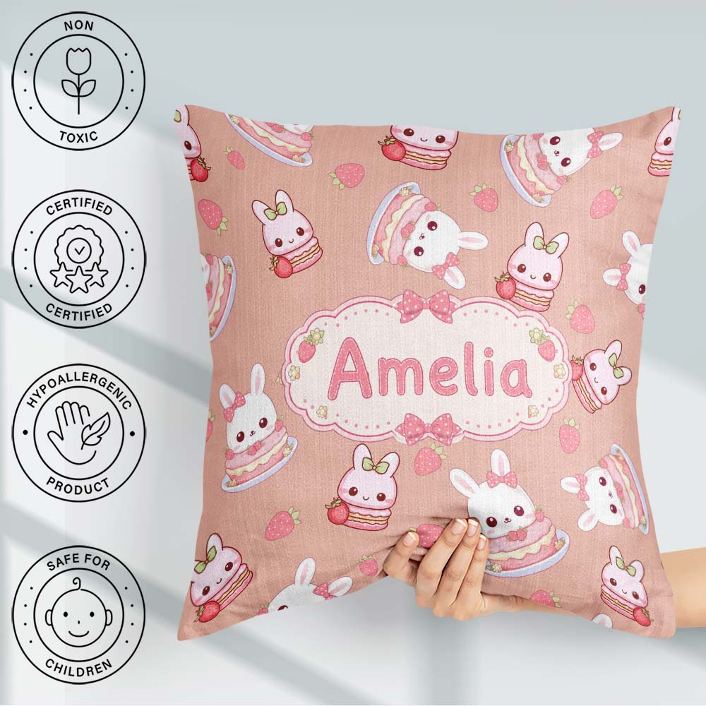 Custom Name Cute Strawberry Bunny Macaron Dessert Kawaii Peach Square Filled Cushion Throw Pillow Sofa Bed Home Decor Zip Washable UK Made