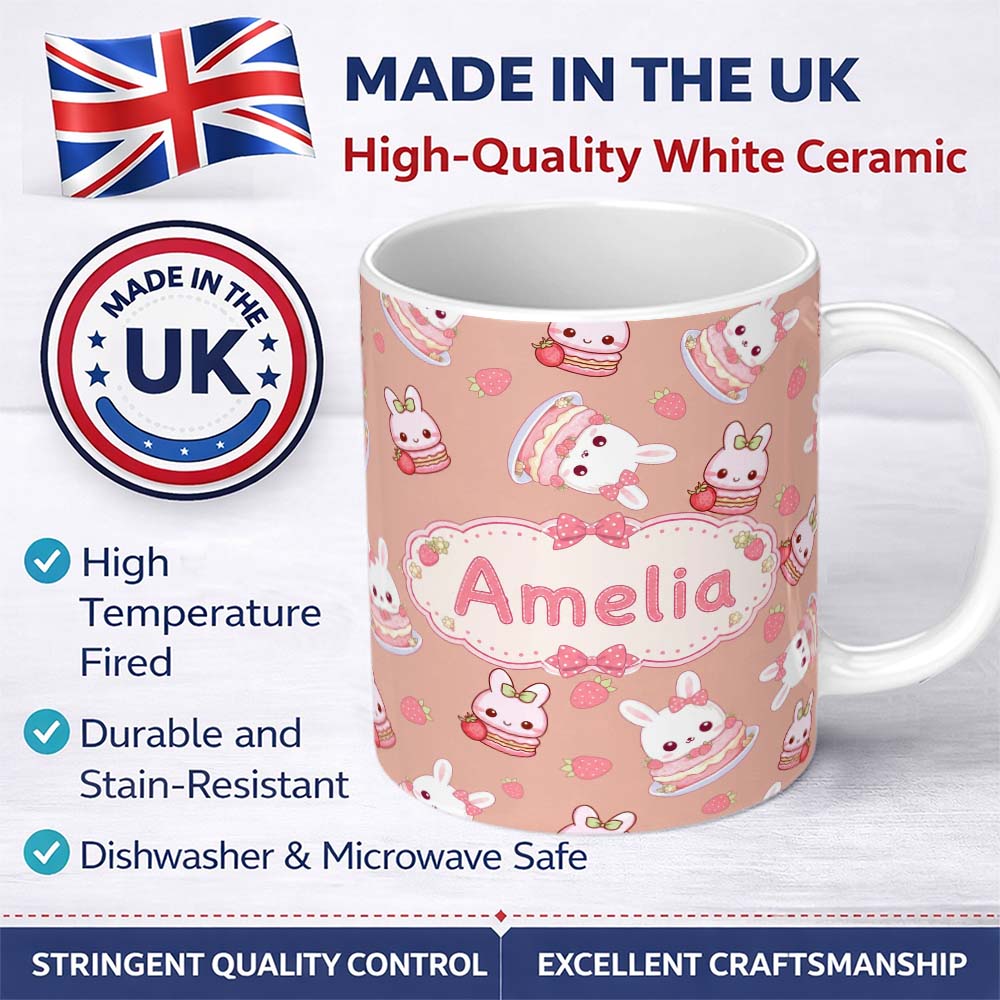 Personalized Custom Name Cute Strawberry Bunny Macaron Dessert Kawaii Peach Background 11oz Ceramic Coffee Tea Mug White Large Handle