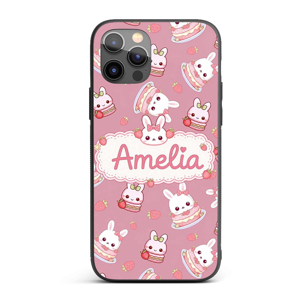 Cute Strawberry Bunny Macaron Dessert Kawaii Pink Custom Name Protective Phone Case Mobile Cover Durable Everyday Smartphone Shock Resistant