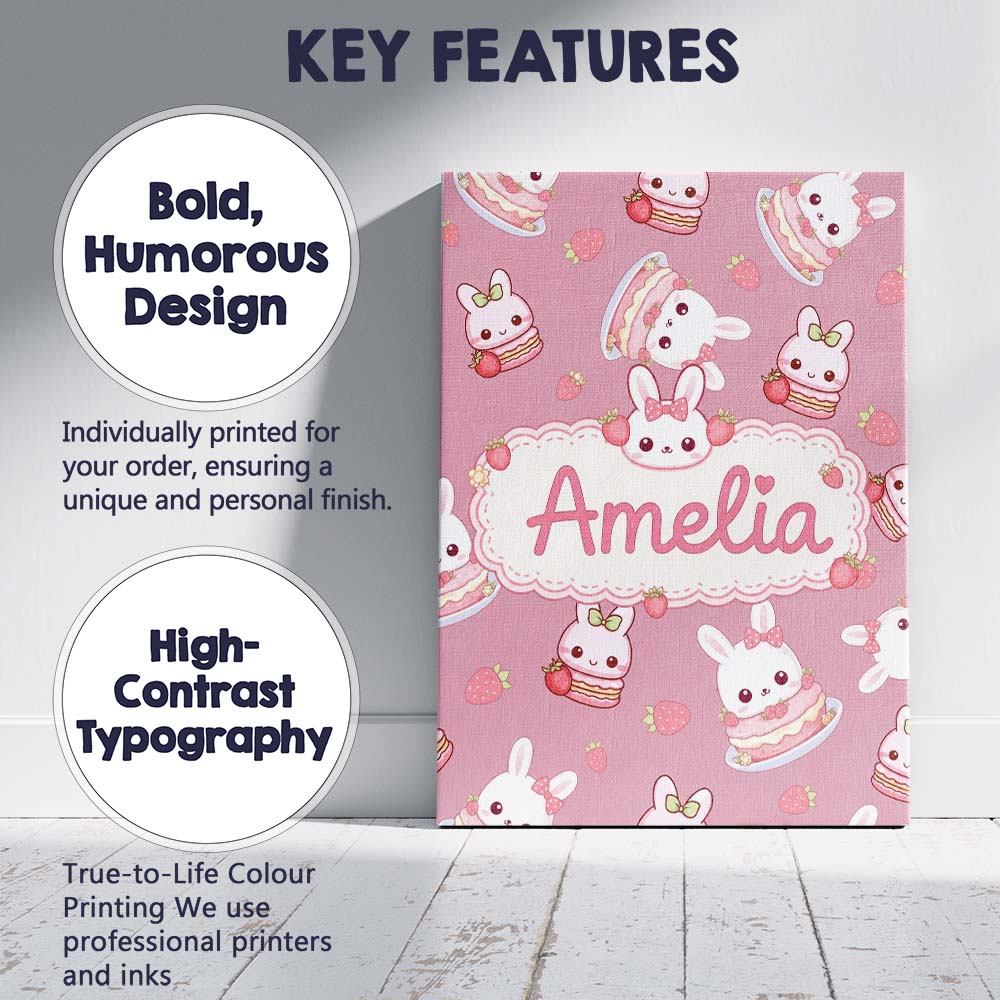 Personalised Name Cute Strawberry Bunny Custom Modern Room Accent Elegant Feature Canvas Wall Art Print Decor Picture Ready to Hang