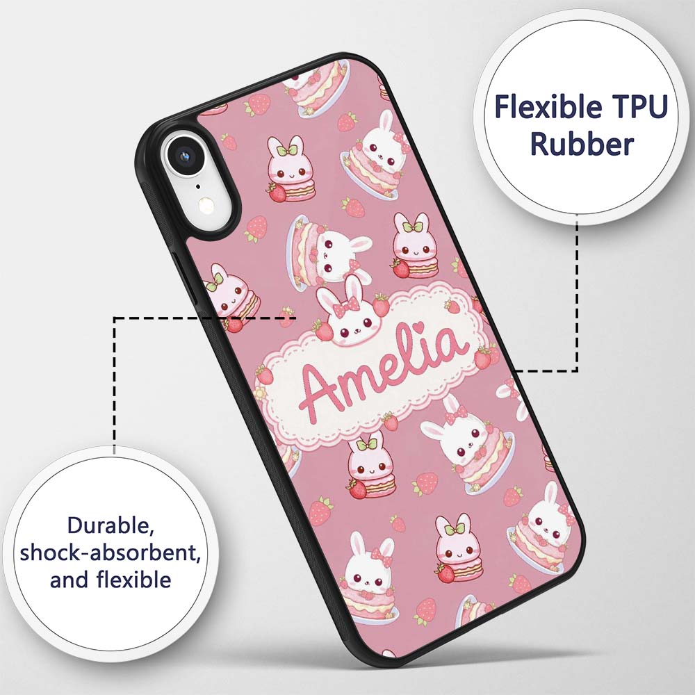 Cute Strawberry Bunny Macaron Dessert Kawaii Pink Custom Name Protective Phone Case Mobile Cover Durable Everyday Smartphone Shock Resistant