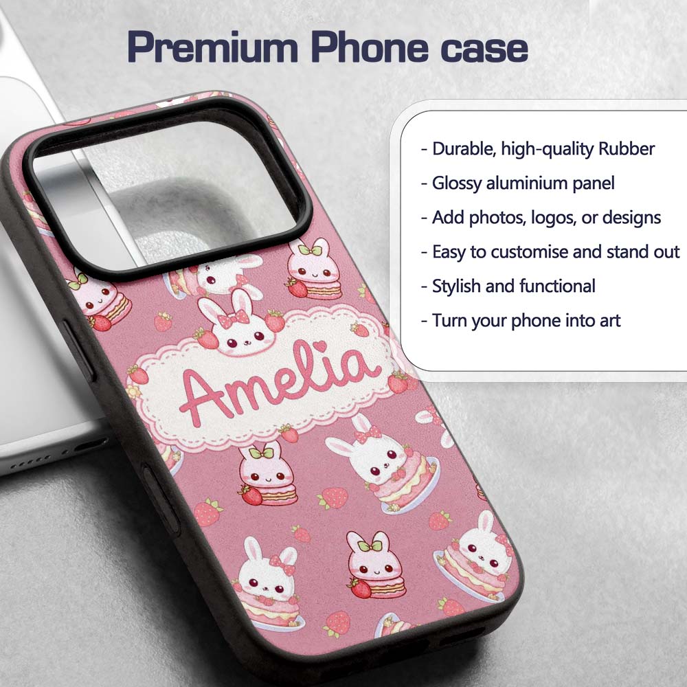 Cute Strawberry Bunny Macaron Dessert Kawaii Pink Custom Name Protective Phone Case Mobile Cover Durable Everyday Smartphone Shock Resistant
