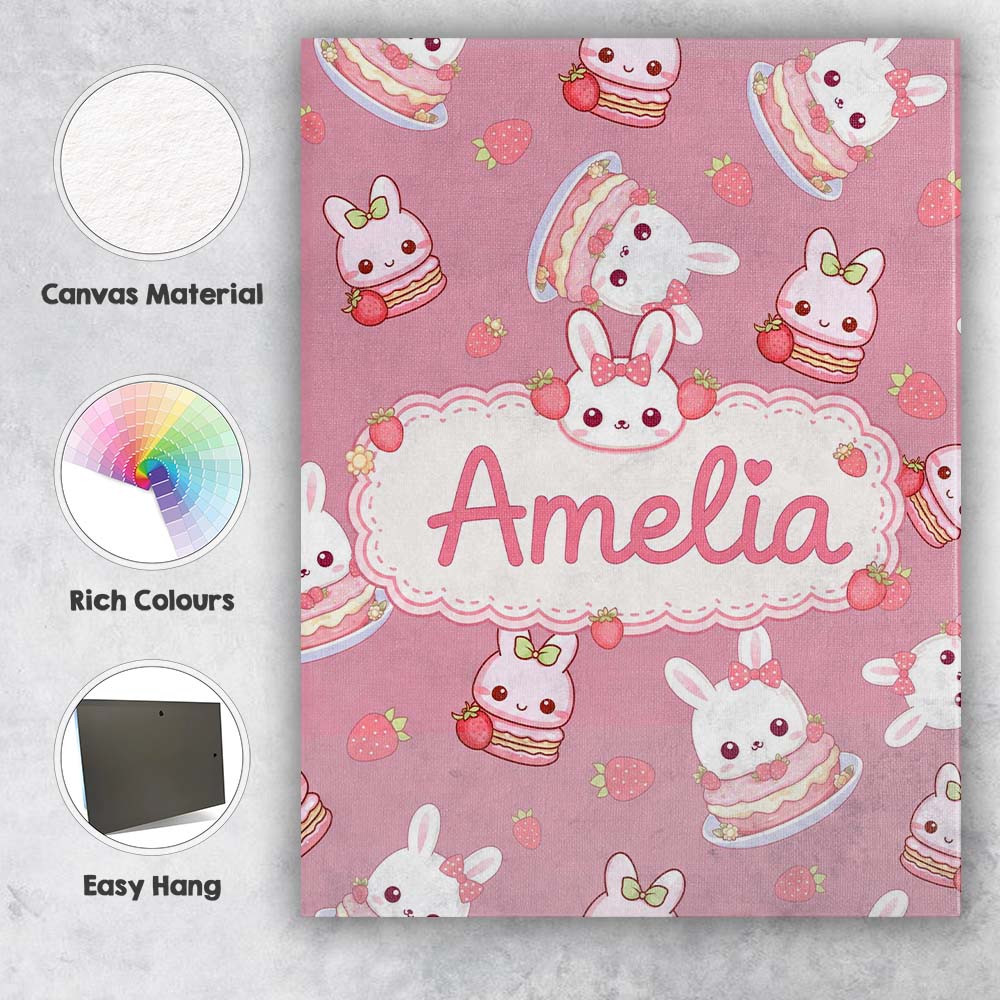 Personalised Name Cute Strawberry Bunny Custom Modern Room Accent Elegant Feature Canvas Wall Art Print Decor Picture Ready to Hang