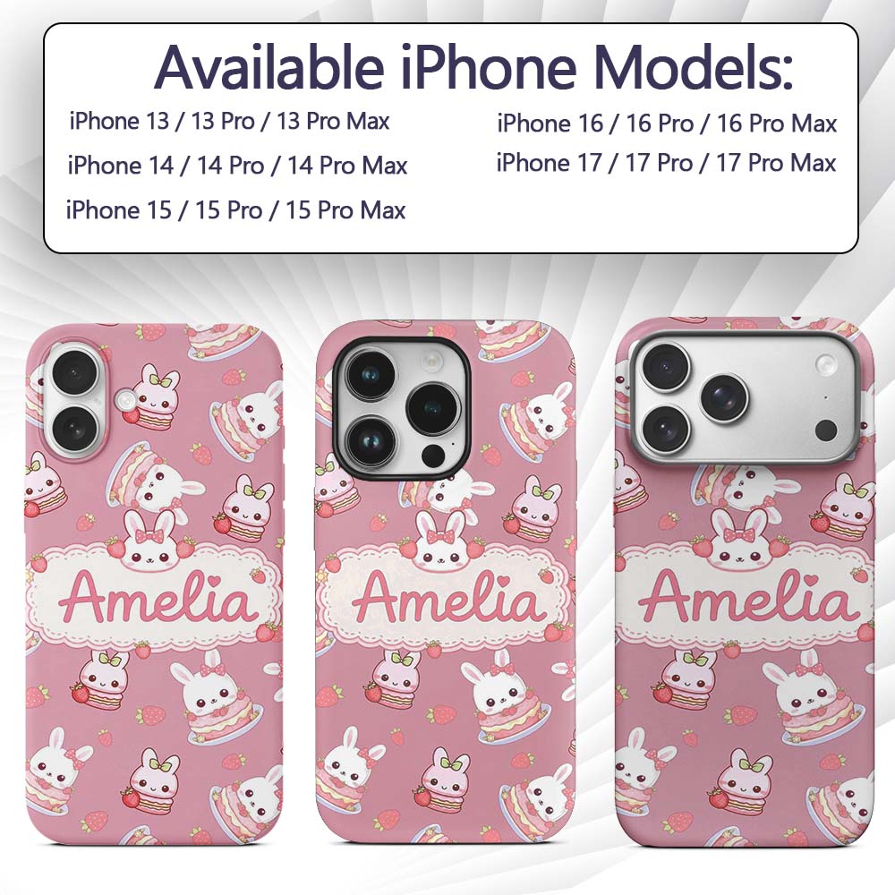 Cute Strawberry Bunny Macaron Dessert Kawaii Pink Custom Name Protective Phone Case Mobile Cover Durable Everyday Smartphone Shock Resistant