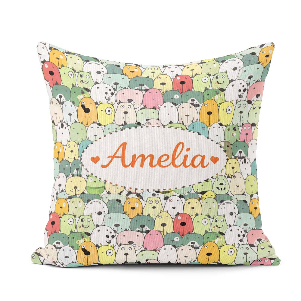 Custom Name Cute Cartoon Dogs Crowd Multicolour Seamless Pattern Square Filled Cushion Throw Pillow Sofa Bed Home Decor Zip Washable UK Made