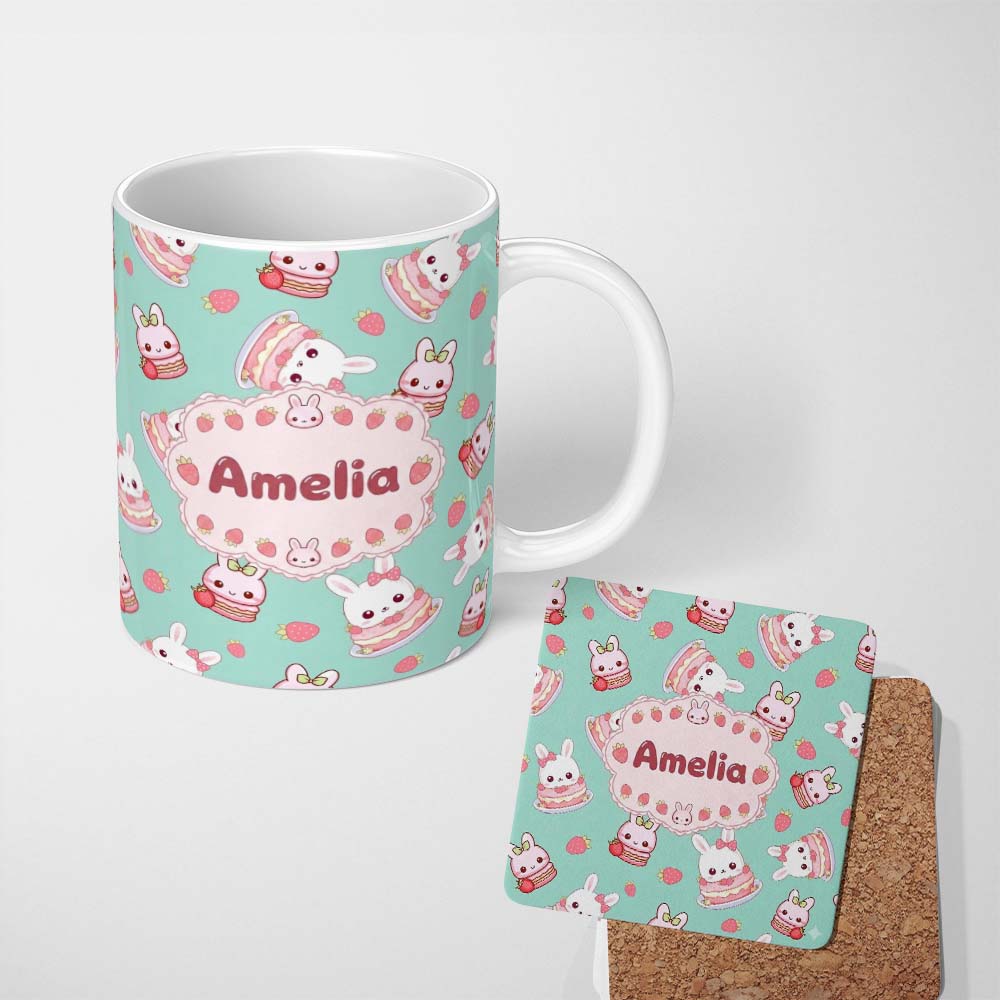 Personalized Custom Name Cute Strawberry Bunny Macaron Dessert Kawaii Mint Background 11oz Ceramic Coffee Tea Mug White Large Handle