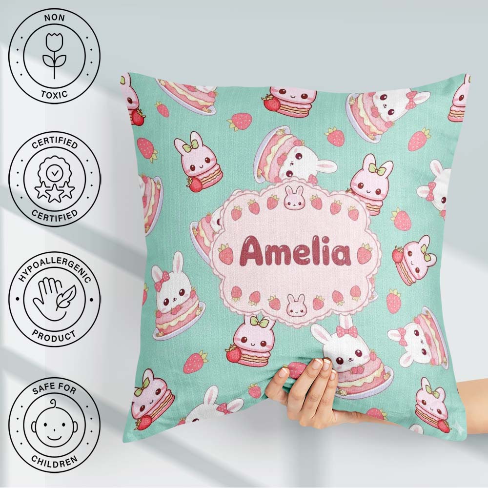 Custom Name Cute Strawberry Bunny Macaron Kawaii Mint Background Square Filled Cushion Throw Pillow Sofa Bed Home Decor Zip Washable UK Made