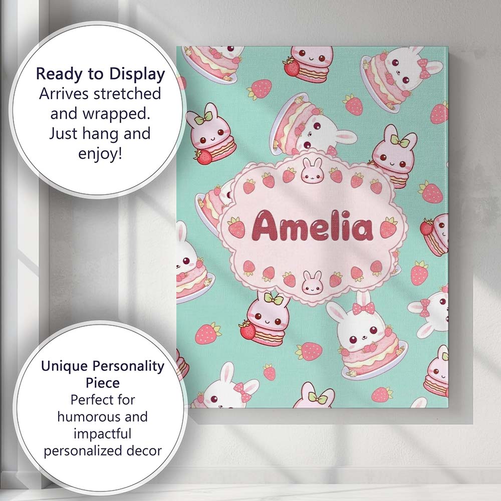 Personalised Name Cute Strawberry Bunny Custom Modern Room Accent Elegant Feature Canvas Wall Art Print Decor Picture Ready to Hang