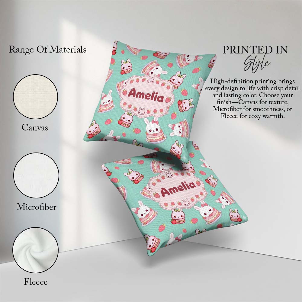Custom Name Cute Strawberry Bunny Macaron Kawaii Mint Background Square Filled Cushion Throw Pillow Sofa Bed Home Decor Zip Washable UK Made