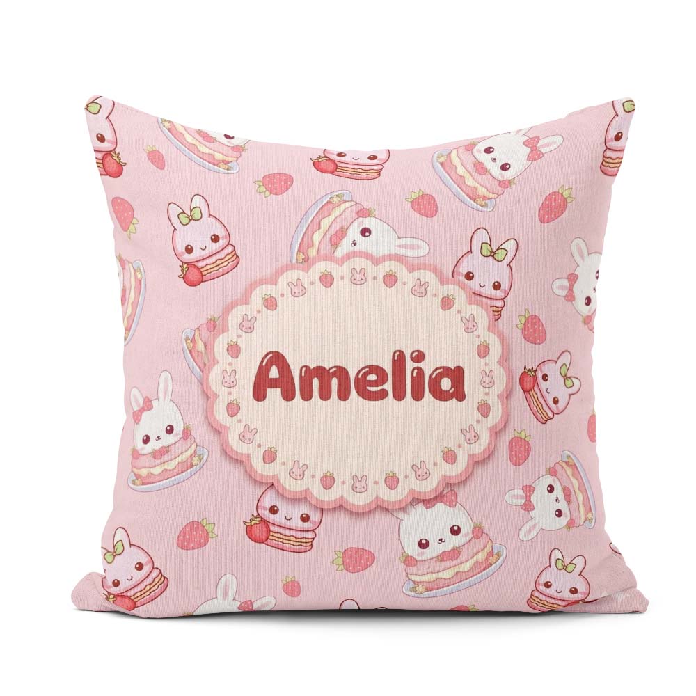 Custom Name Cute Strawberry Bunny Macaron Kawaii Pink Background Square Filled Cushion Throw Pillow Sofa Bed Home Decor Zip Washable UK Made