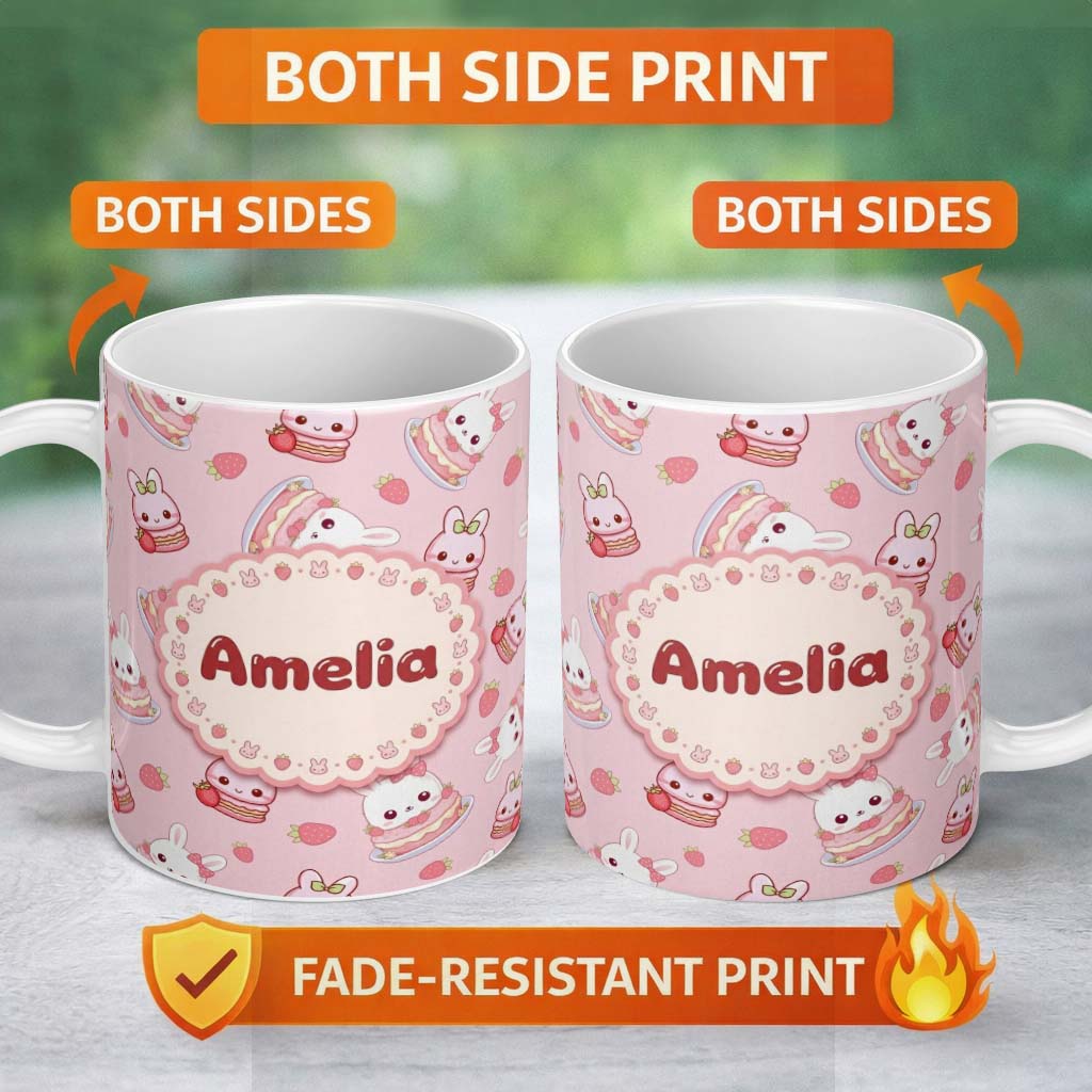 Personalized Custom Name Cute Strawberry Bunny Macaron Dessert Kawaii Pink Background 11oz Ceramic Coffee Tea Mug White Large Handle