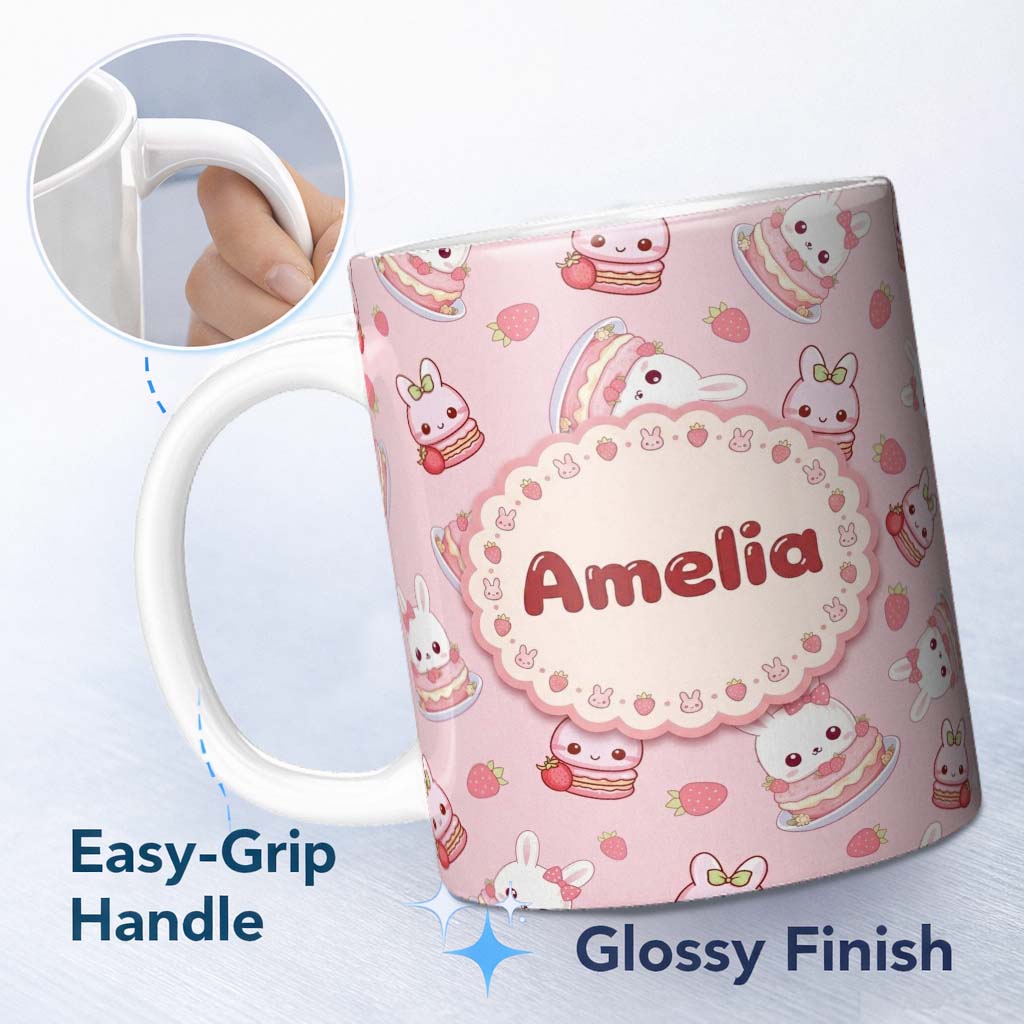 Personalized Custom Name Cute Strawberry Bunny Macaron Dessert Kawaii Pink Background 11oz Ceramic Coffee Tea Mug White Large Handle
