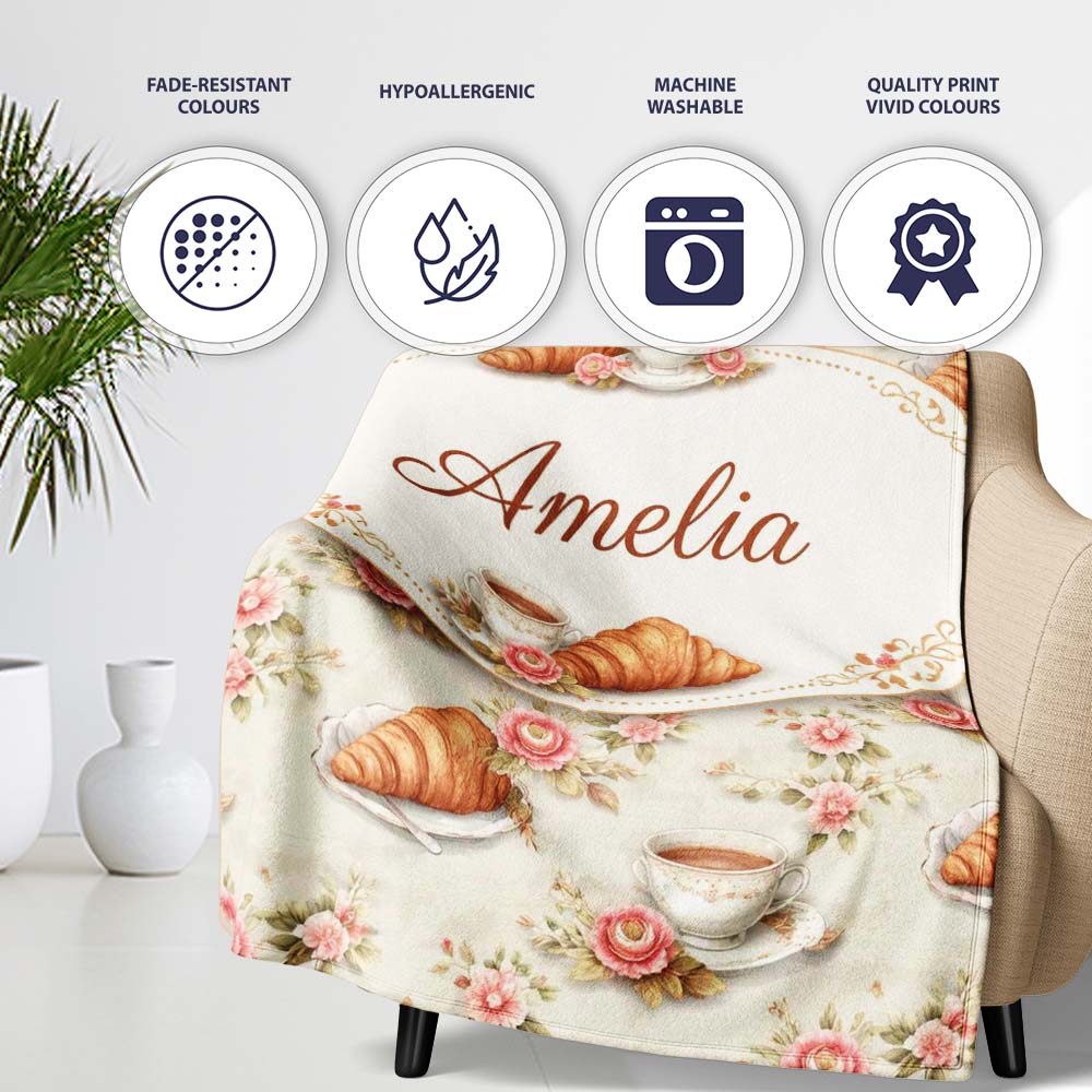 Floral Vintage Croissant Tea Cup Seamless Pattern Shabby Chic Style Personalised Custom Name Super Soft Fleece Blanket Bed Sofa Throw