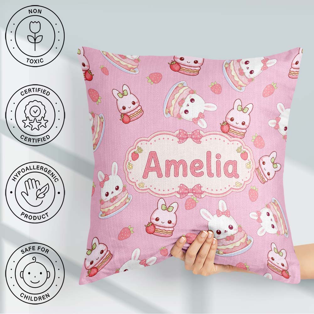 Custom Name Strawberry Bunny Macaron Dessert Kawaii Blush Pink Square Filled Cushion Throw Pillow Sofa Bed Home Decor Zip Washable UK Made