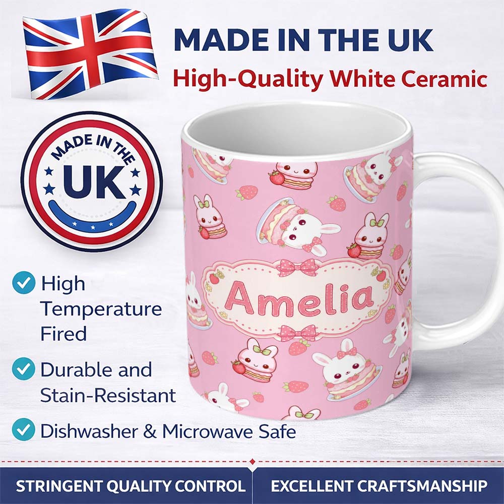 Personalized Custom Name Strawberry Bunny Macaron Dessert Kawaii Blush Pink Background 11oz Ceramic Coffee Tea Mug White Large Handle