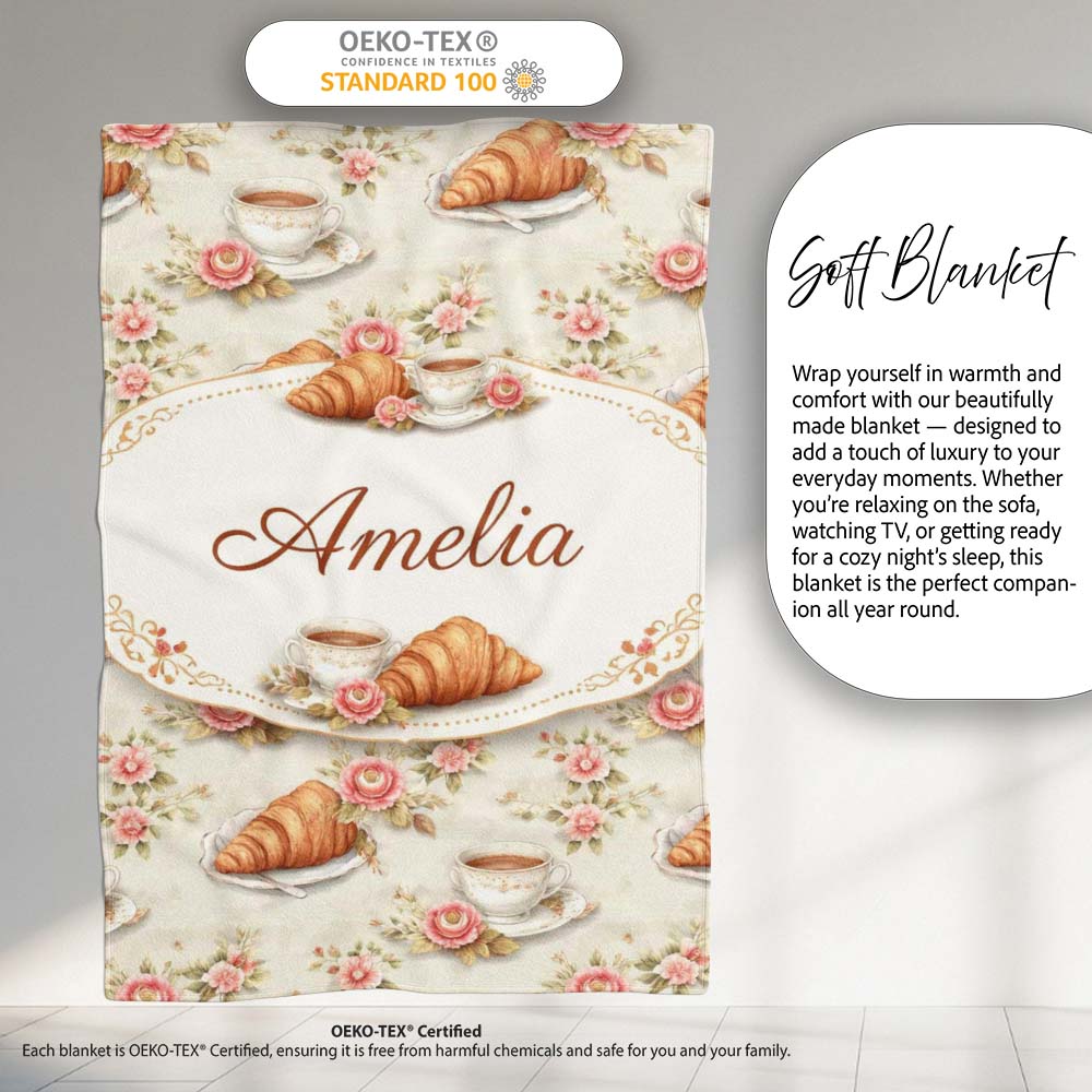 Floral Vintage Croissant Tea Cup Seamless Pattern Shabby Chic Style Personalised Custom Name Super Soft Fleece Blanket Bed Sofa Throw