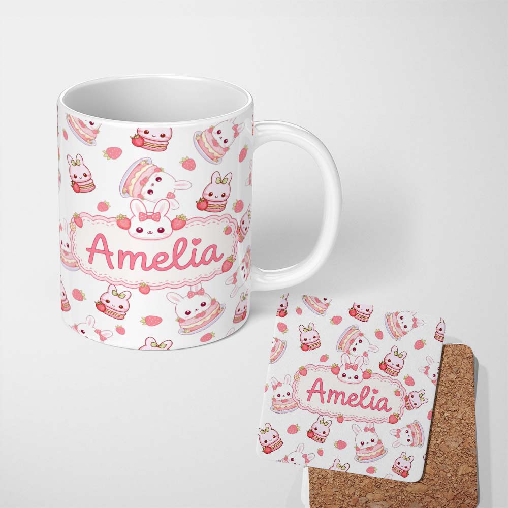 Personalized Custom Name Cute Strawberry Bunny Macaron Dessert Kawaii White Background 11oz Ceramic Coffee Tea Mug White Large Handle