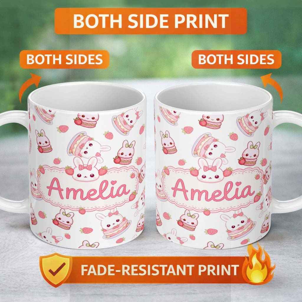 Personalized Custom Name Cute Strawberry Bunny Macaron Dessert Kawaii White Background 11oz Ceramic Coffee Tea Mug White Large Handle